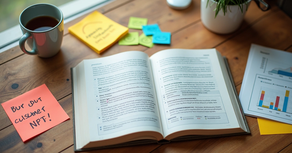 Capa de livro e uma mesa com anotações sobre feedback do cliente