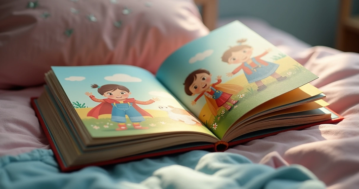 Livro de histórias infantis aberto ao lado da cama revelando desenhos de emoções 