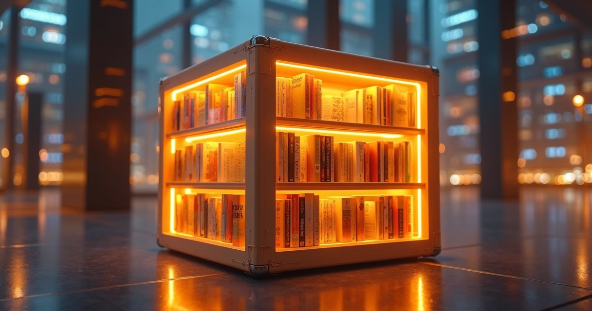 Prateleira digital em forma de caixa de entrega exibindo livros independentes 