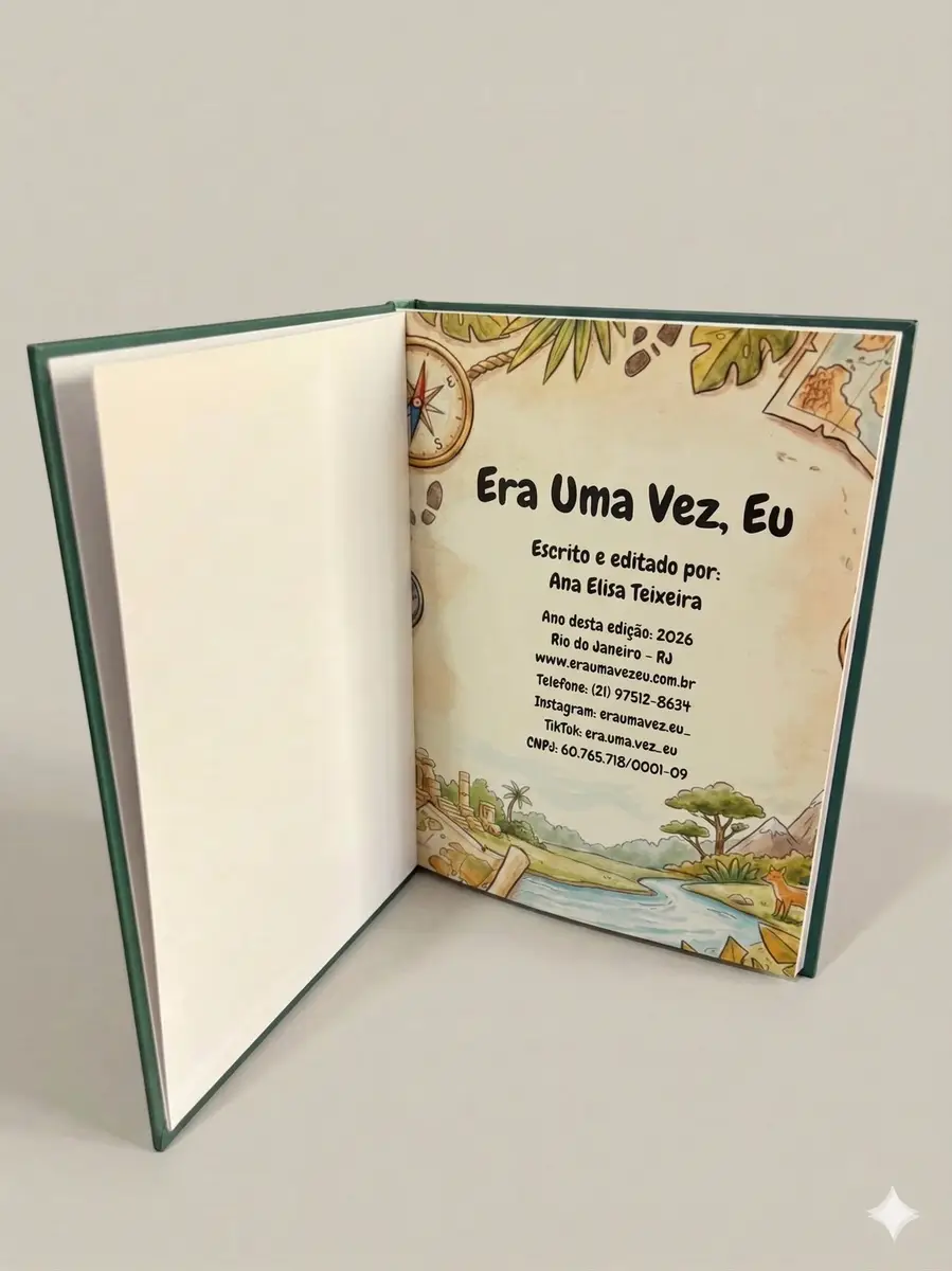 Livro infantil aberto da Era Uma Vez, Eu com página de apresentação ilustrada e capa dura verde