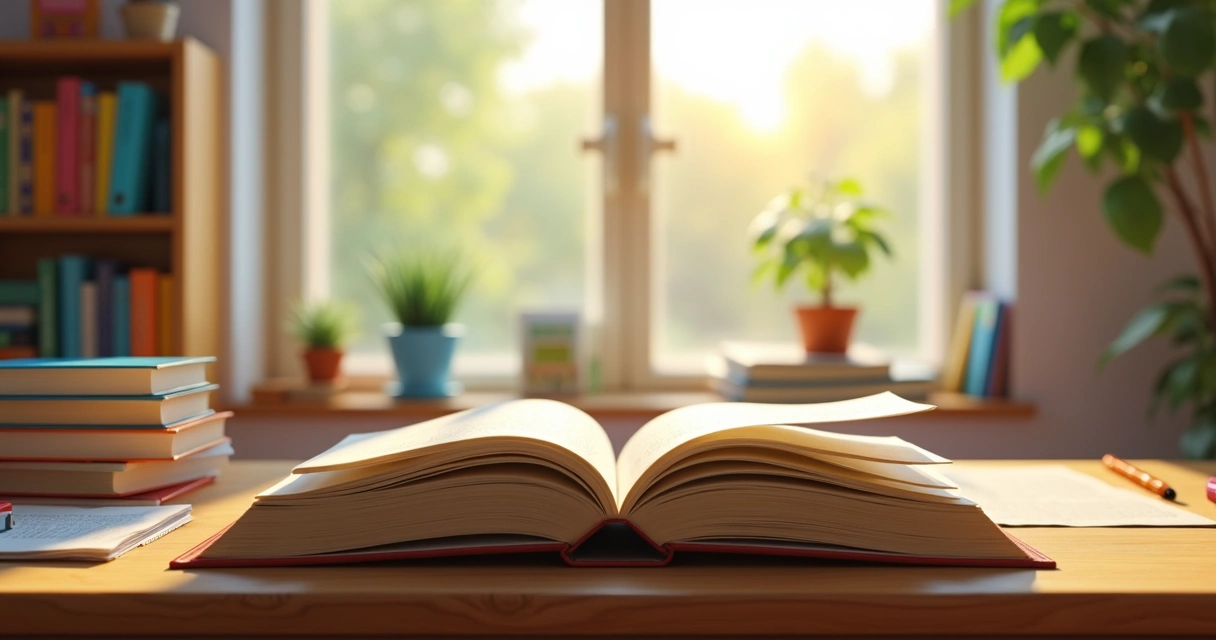 Livro infantil aberto sobre estante de madeira em sala de aula 