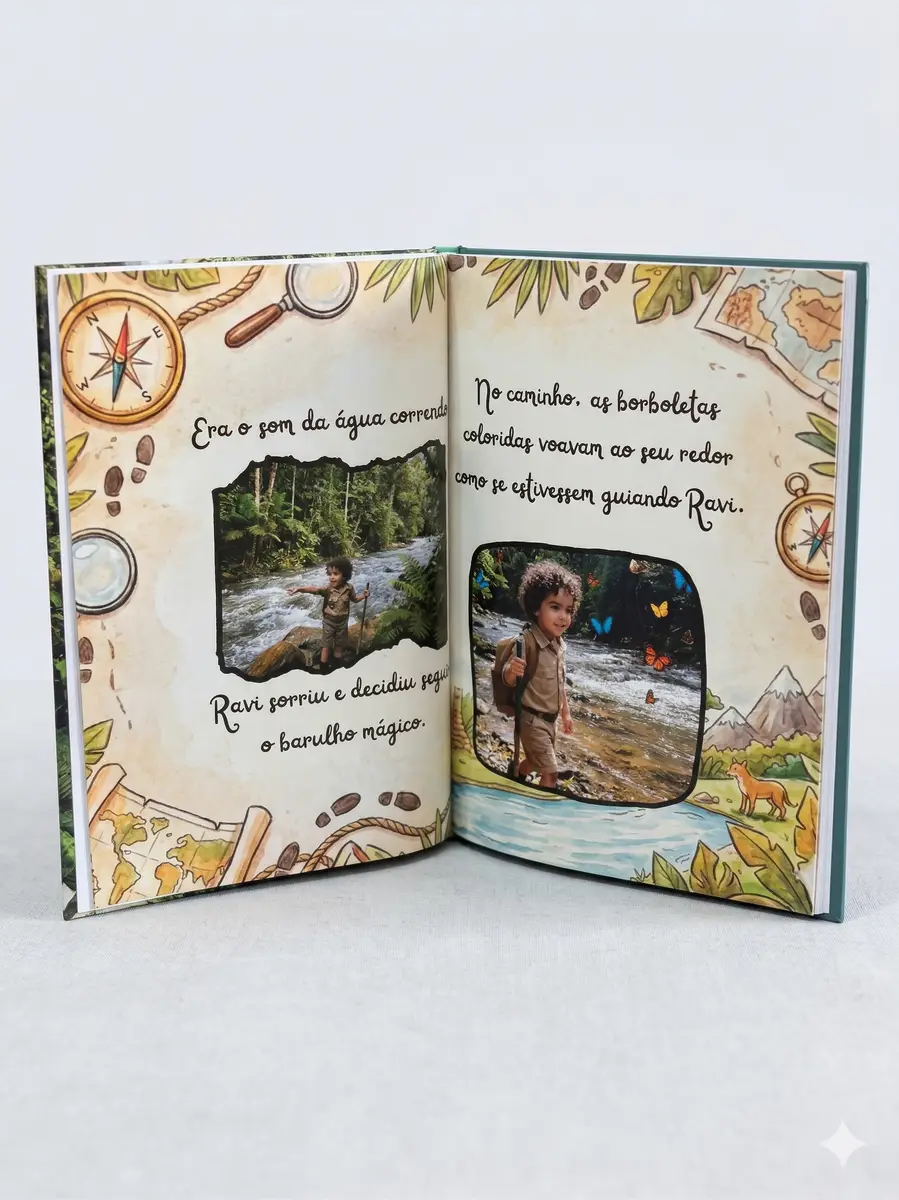 Livro infantil aberto com fotos de criança explorando floresta e rio