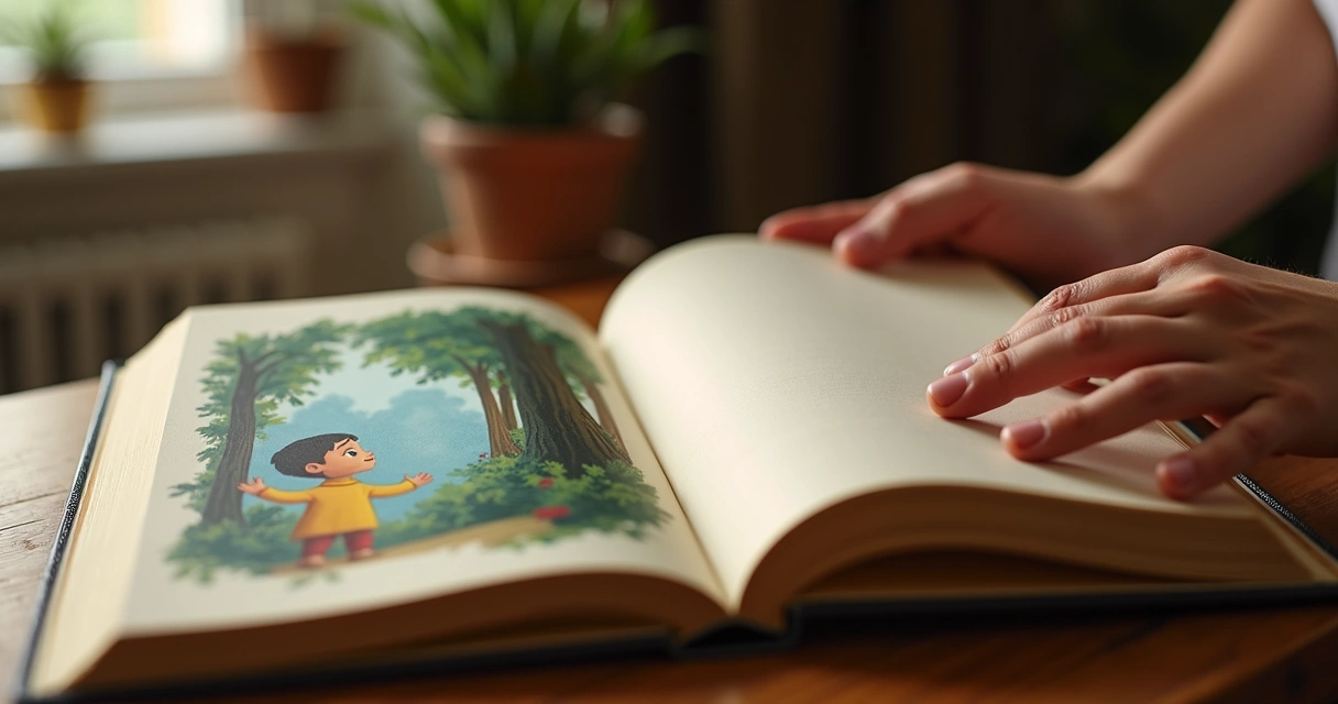 Livro infantil aberto com ilustração realista de criança protagonista