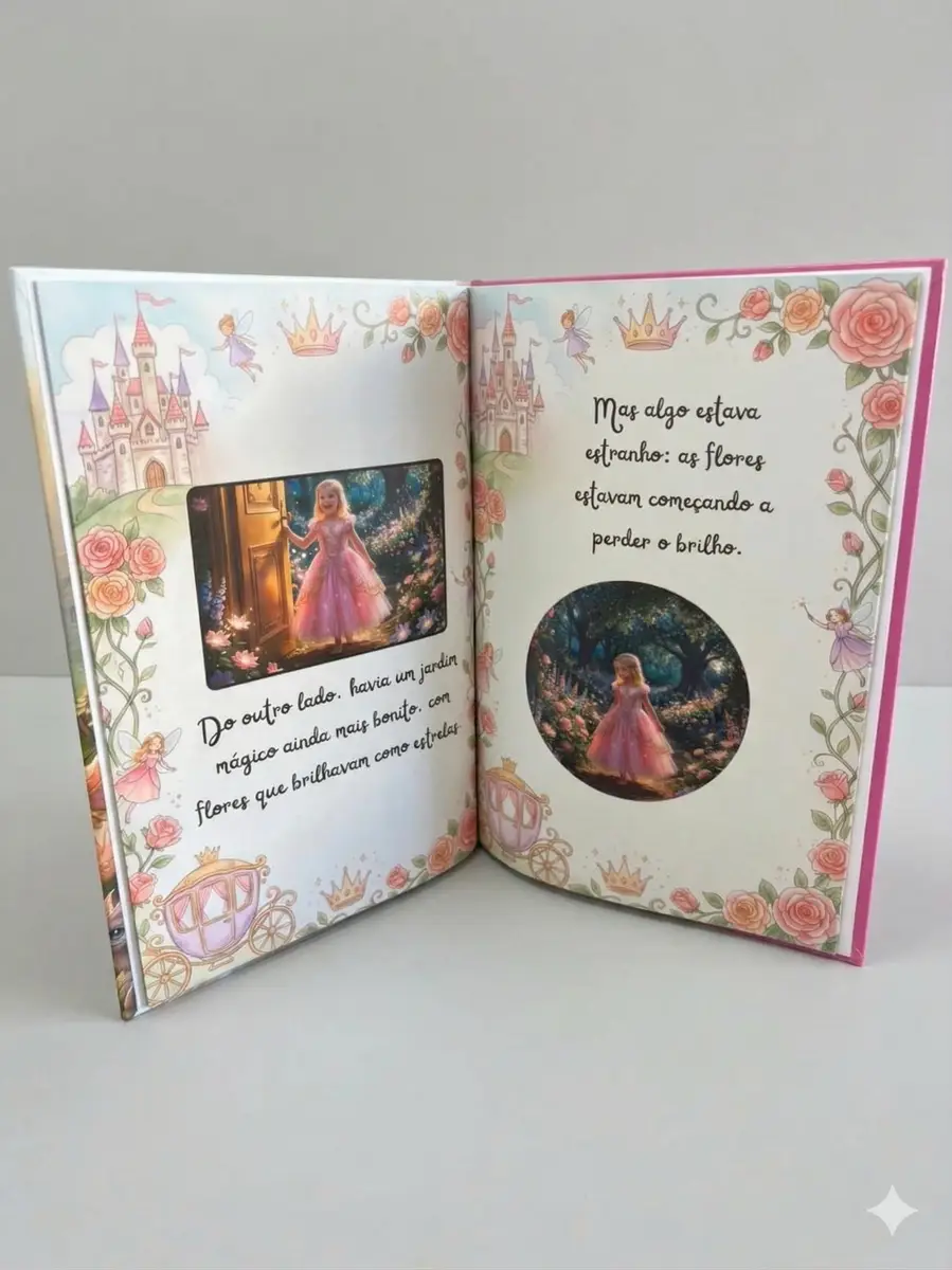 Livro infantil personalizado aberto com ilustrações florais e castelo de conto de fadas