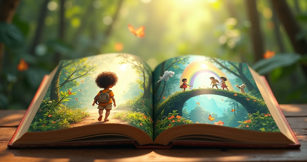 Livro infantil ilustrado por IA mostrando criança em aventura mágica 