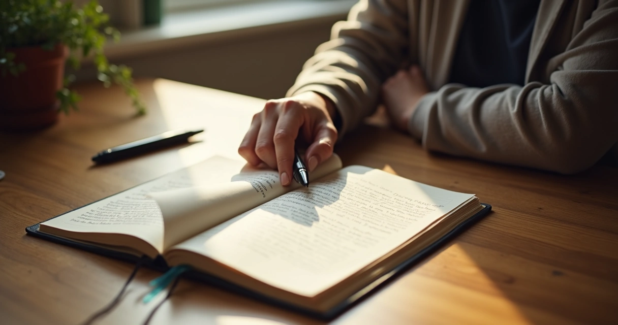 Pessoa folheando um diário aberto sobre uma mesa de madeira, com uma caneta ao lado.