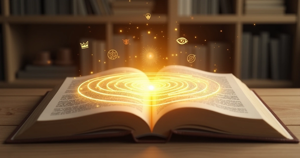Livro aberto sobre mesa com labirinto luminoso surgindo das páginas 