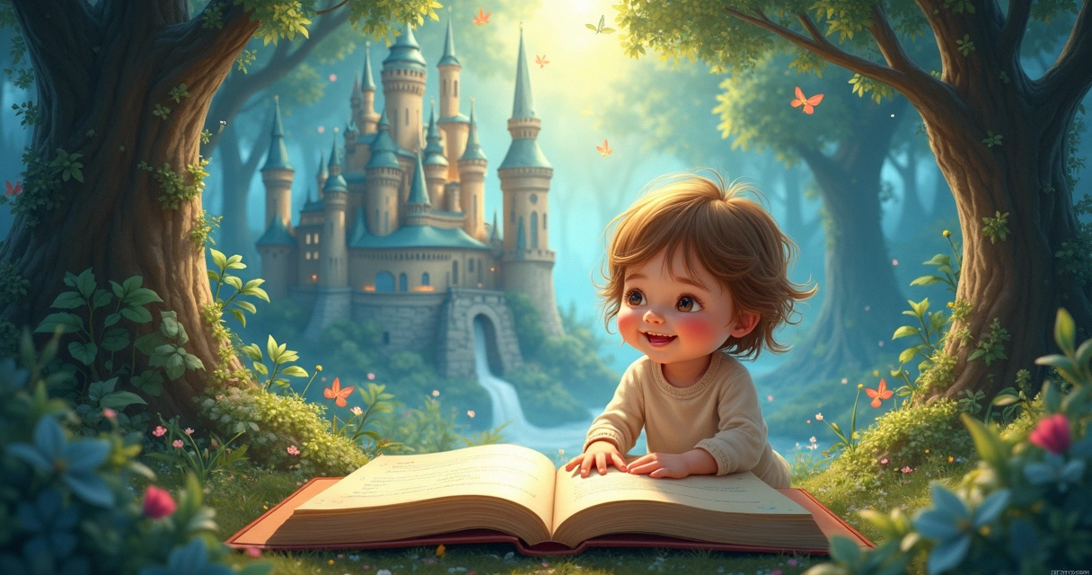 Livro personalizado infantil ilustrando criança em cenário de castelo e floresta 