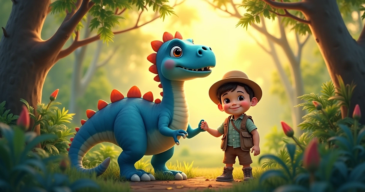 Menino em capa de livro com dinossauro na floresta