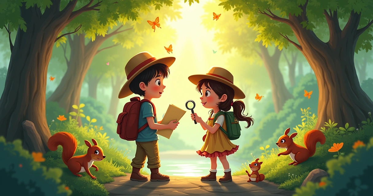Livro personalizado com irmãos explorando floresta 