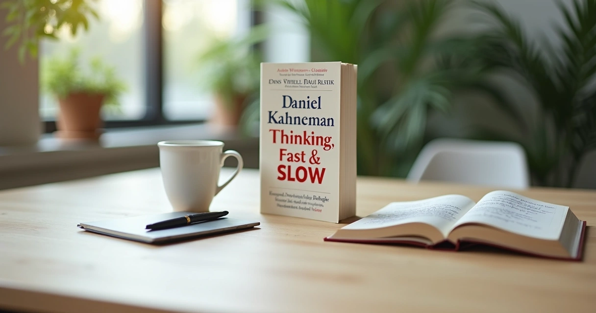 Capa do livro Rápido e Devagar ao lado de xícara de café e anotações 