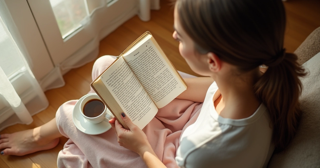 Mulher sentada no chão lendo romance com xícara de café ao lado 