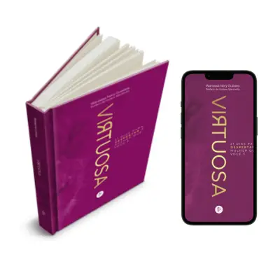 Livro devocional Virtuosa em capa roxa ao lado de um celular mostrando a capa do livro digital