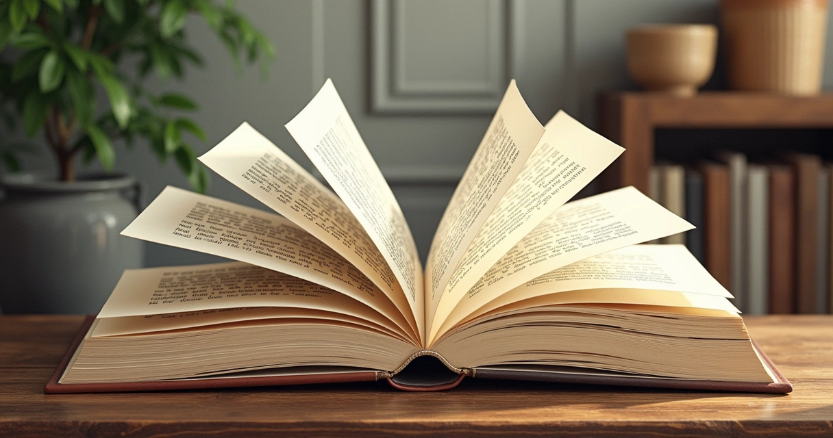 Vários livros abertos sobre uma mesa de madeira, mostrando páginas com diferentes palavras destacadas 