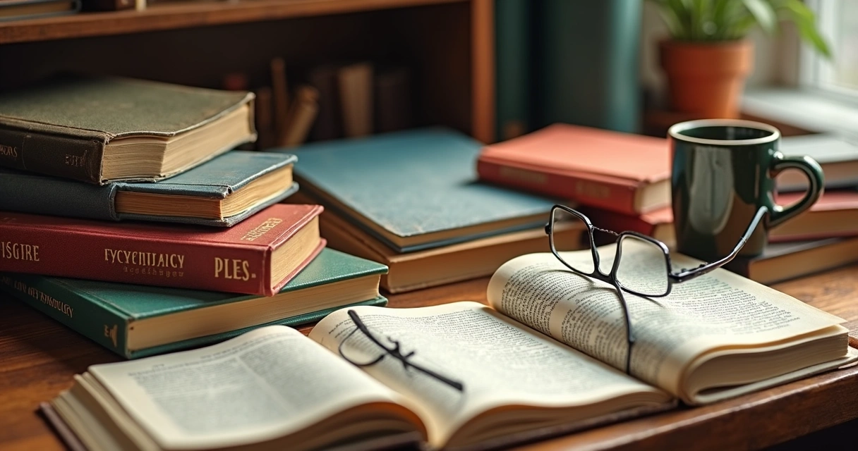 Livros de psicologia sobre diferentes abordagens em uma mesa 