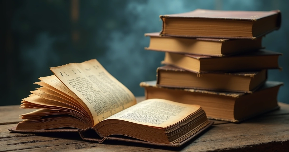 Livros abertos antigos em mesa de madeira, luz suave iluminando páginas 