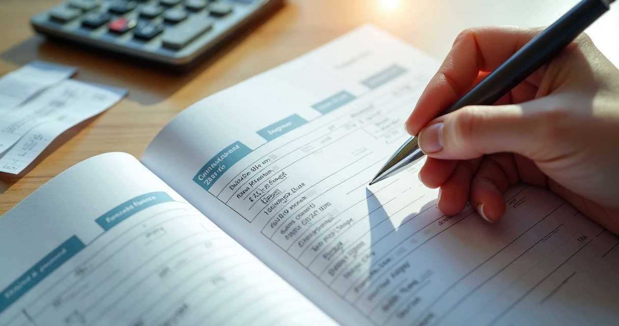 Livro caixa detalhado com registros de despesas e receitas sendo analisado com calculadora 