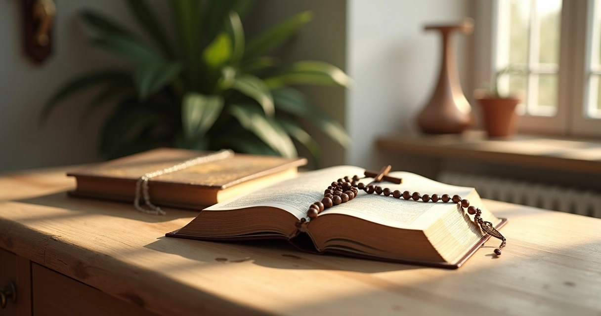 Livros católicos abertos sobre uma mesa de madeira clara, com um terço sobre eles 