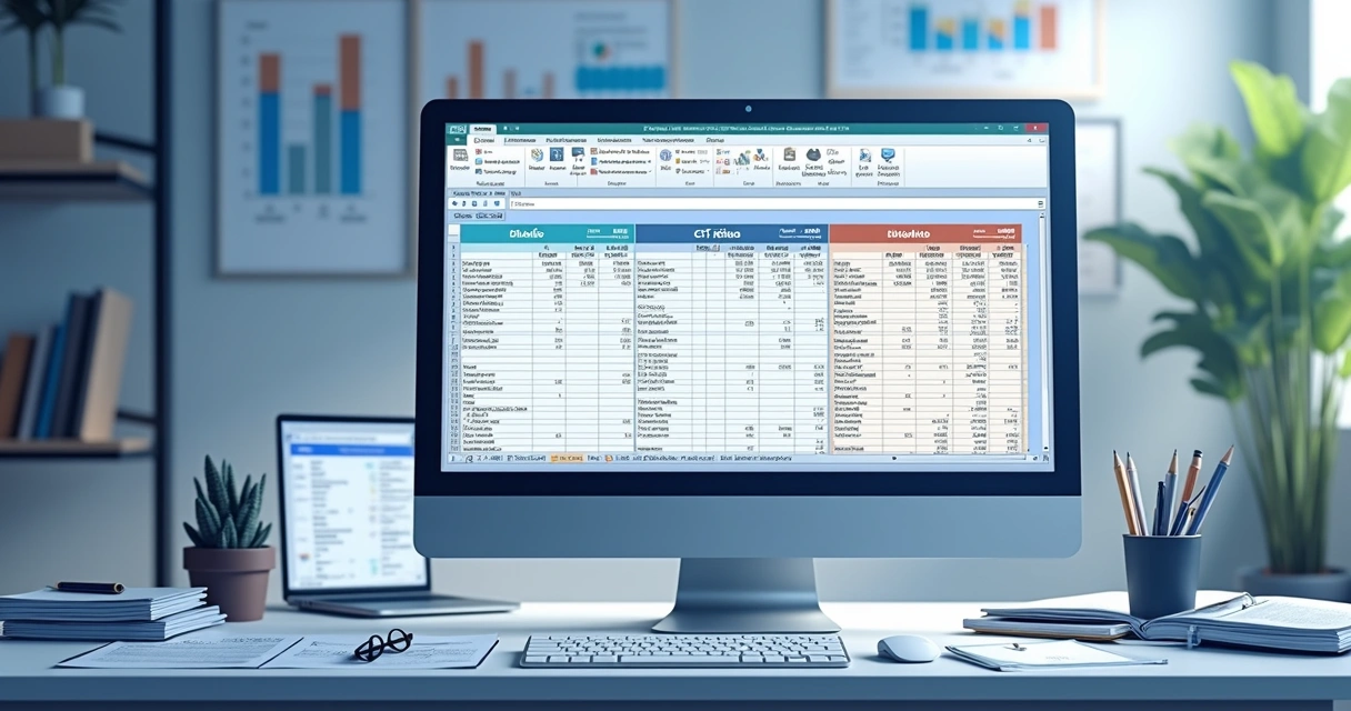 Livros contábeis digitais em tela de computador e documentos ao redor 
