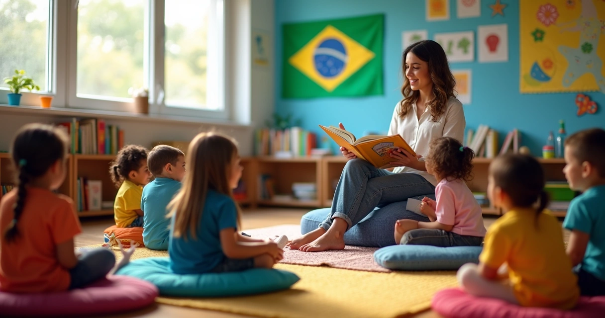 Crianças lendo livros em sala de aula