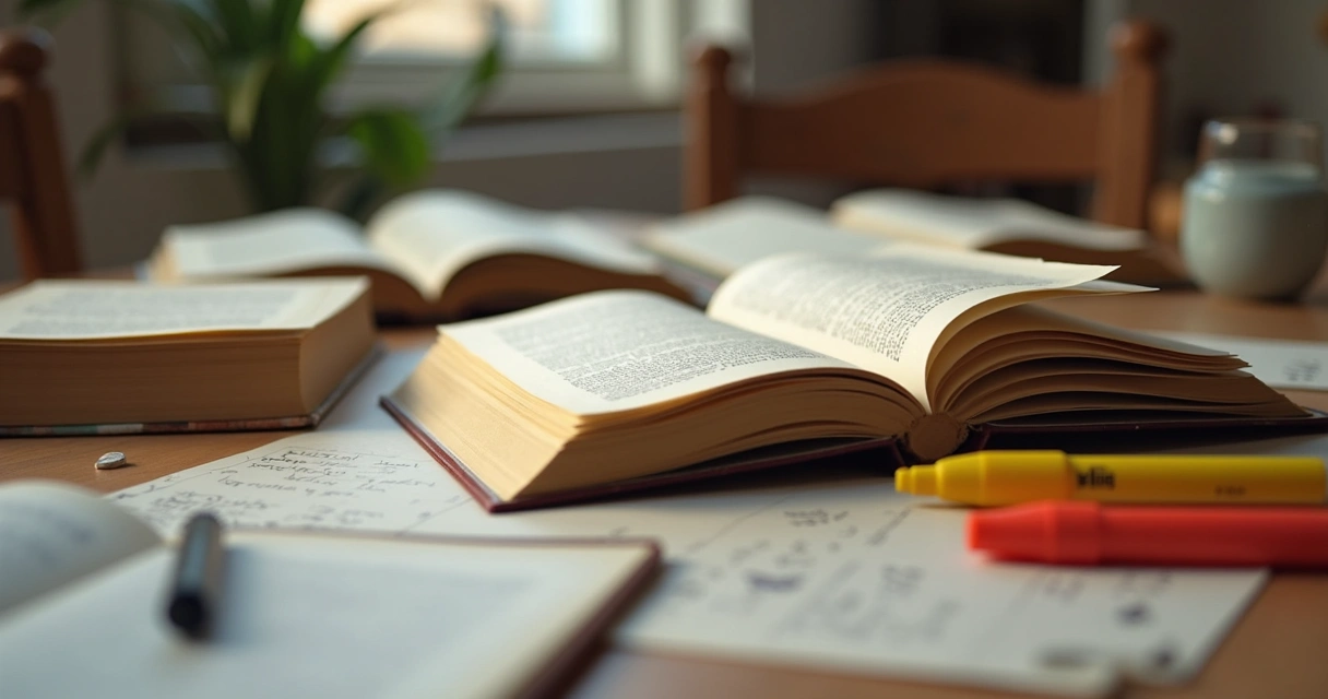 Livros sobre cuidados paliativos abertos em uma mesa com notas e caneta 