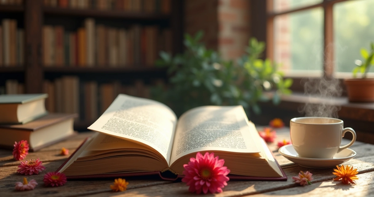 Livros de poesia abertos sobre mesa de madeira com flores e caneca de chá 