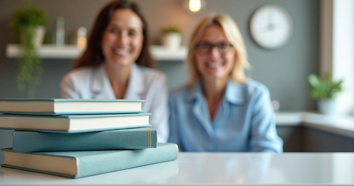 Livros de gestão odontológica em destaque na recepção de clínica