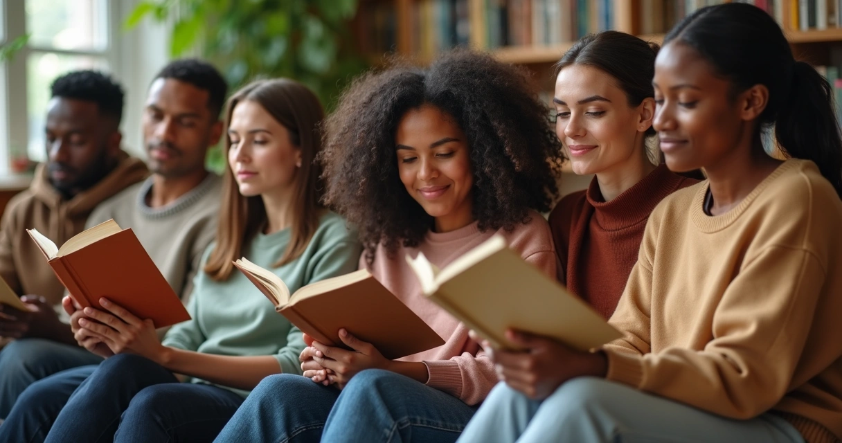 Diversas pessoas segurando livros abertos refletindo 
