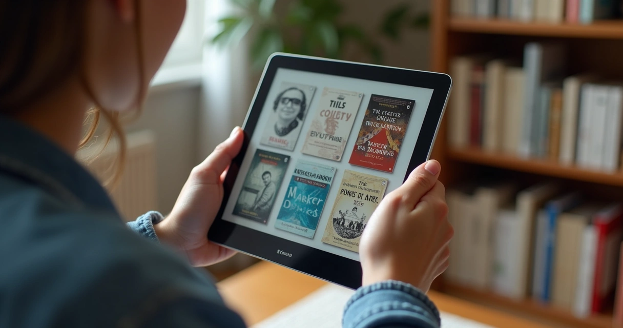 Pessoa segurando tablet com tela repleta de capas de livros digitais 