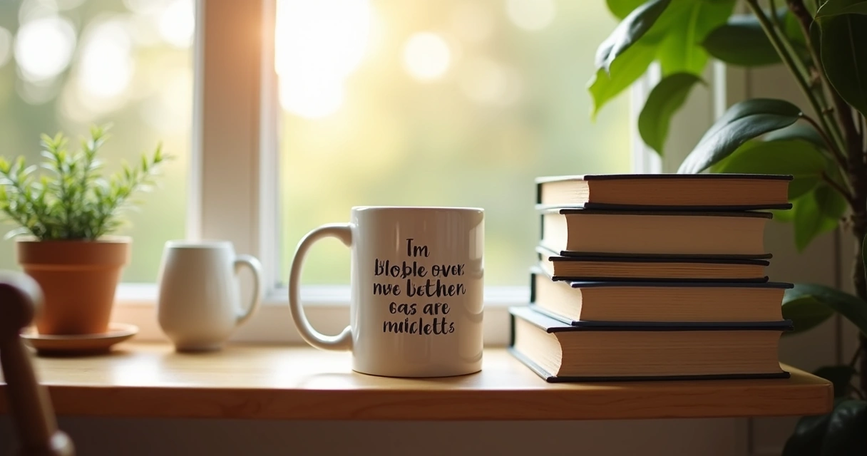 Livros empilhados e caneca personalizada em estante de madeira