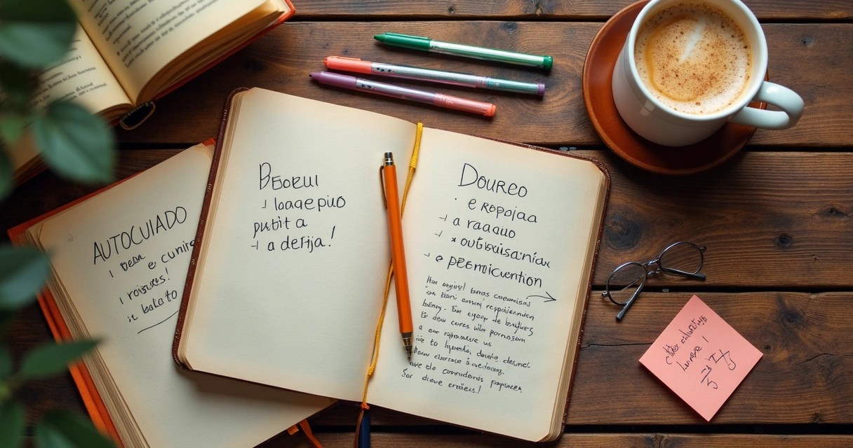 Livros e anotações sobre autocuidado espalhados sobre a mesa 