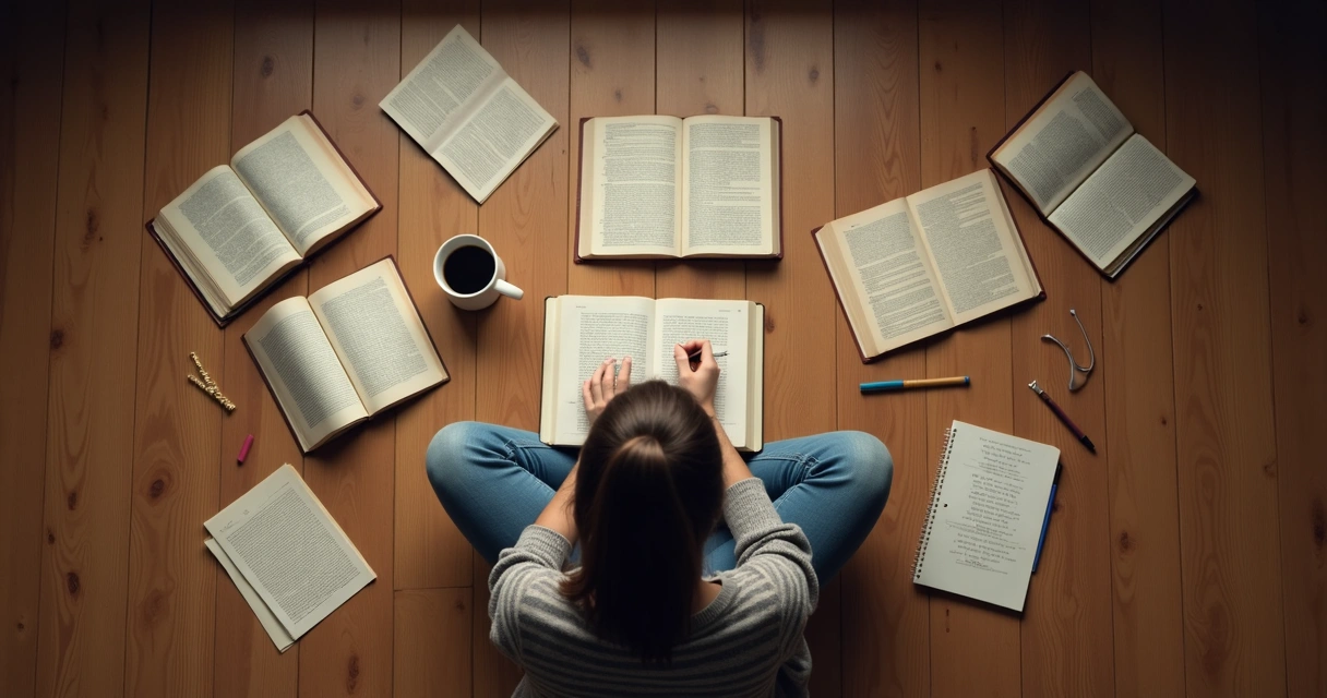 Pessoa sentada com livros e caderno abertos ao redor 