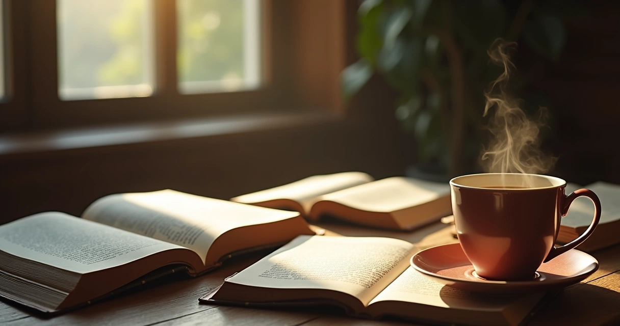 Mesa com livros abertos e uma xícara de chá, refletindo ambiente de estudo e reflexão.