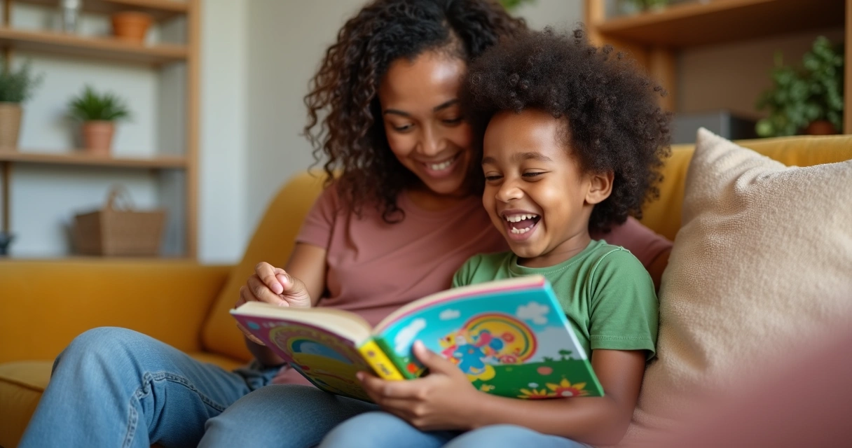 Criança sorrindo, lendo livro espírita colorido sentada no sofá ao lado de adulto atencioso.