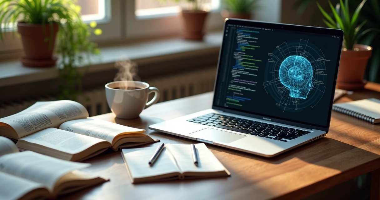 Mesa com livros sobre inteligência artificial, notebook aberto e café 