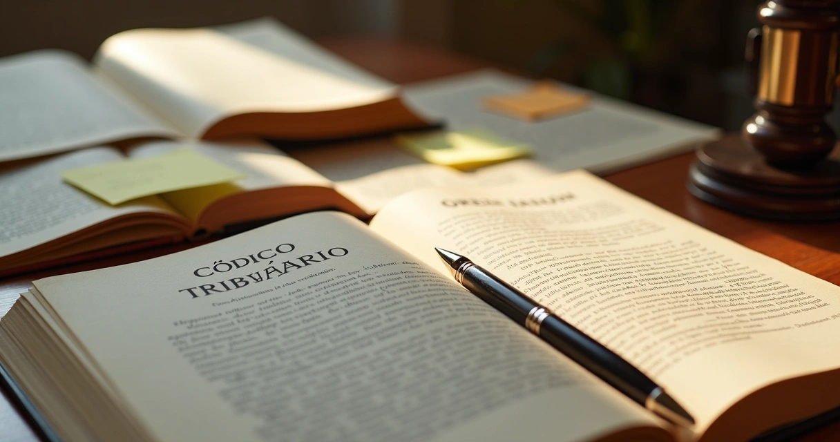 Livros em mesa de madeira com códigos tributários e papéis jurídicos 