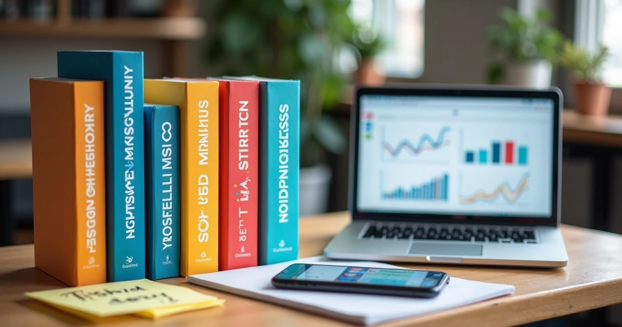 Livros de marketing digital organizados em bancada 