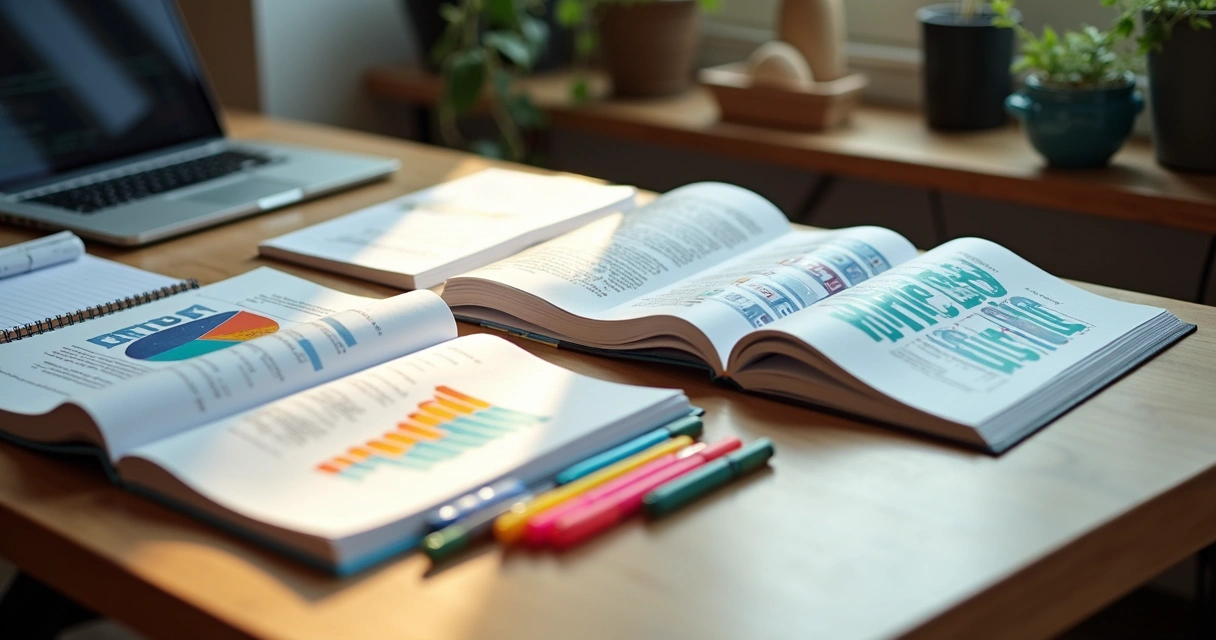 Livros e cadernos de marketing digital sobre uma mesa 
