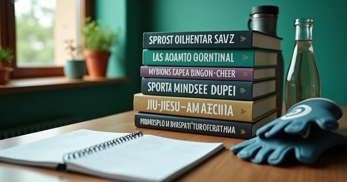 Livros sobre mentalidade esportiva e jiu-jitsu em mesa de madeira 