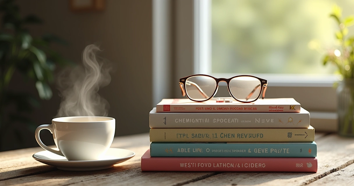 Livros de autoconhecimento, alimentação e mente saudável sobre uma mesa de madeira. 