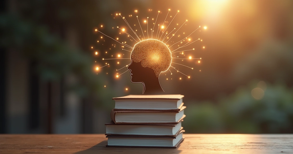 Livros empilhados e silhueta de pessoa com conexões mentais