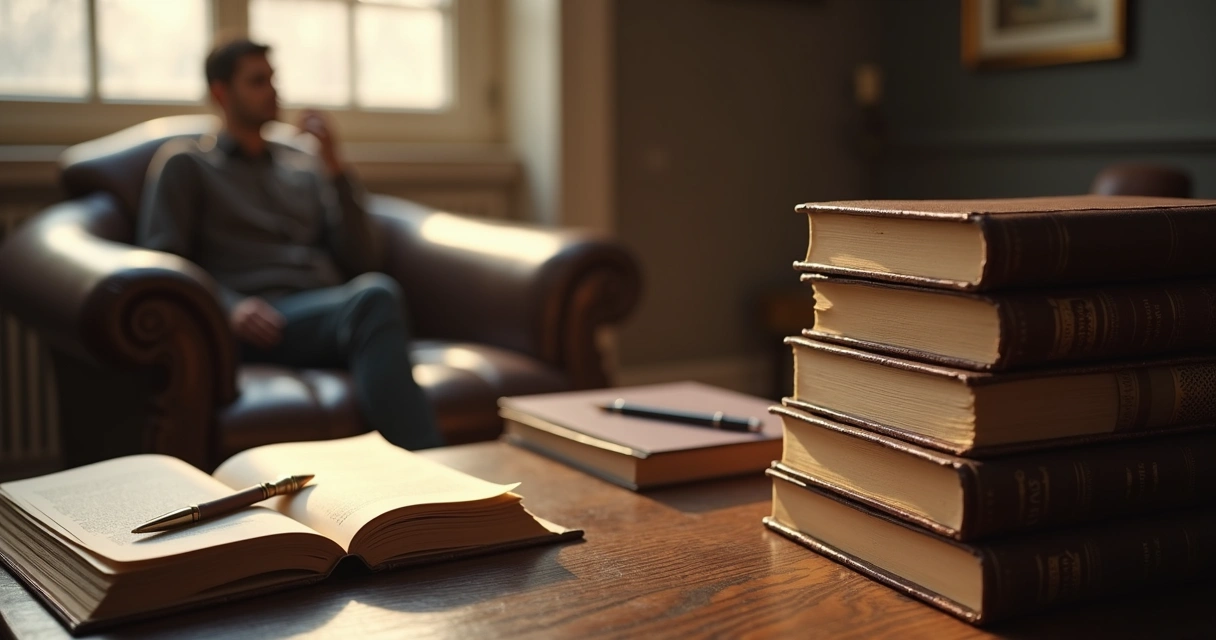 Livros empilhados ao lado de um divã clássico 