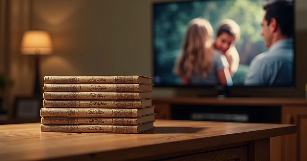 Livros originais Quando Chama o Coração empilhados ao lado de uma televisão exibindo a série