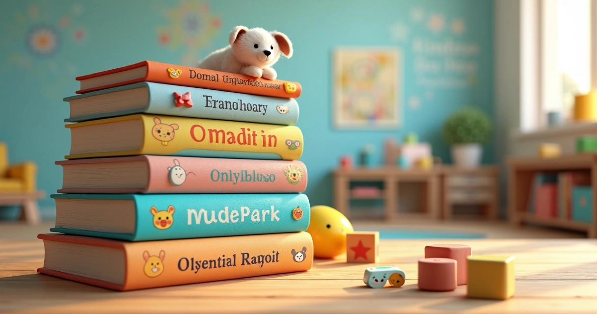 Livros infantis sobre emoções empilhados com brinquedos coloridos ao redor 