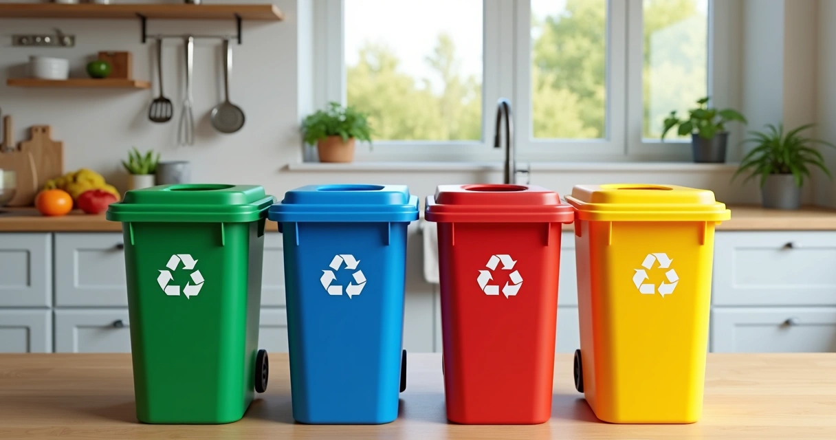 Lixeiras coloridas de coleta seletiva lado a lado na cozinha