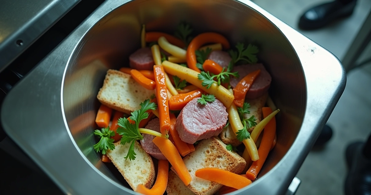 Lixeira cheia de alimentos em restaurante. 