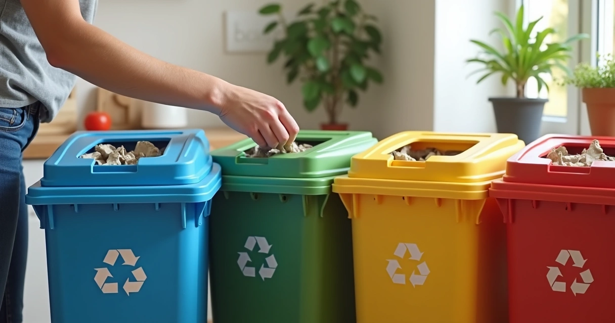 Pessoa separando recicláveis em lixeiras coloridas