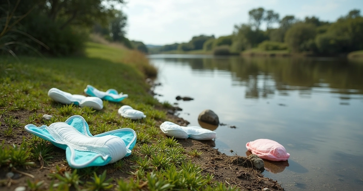 Fraldas e absorventes próximos de um curso de água em ambiente natural.
