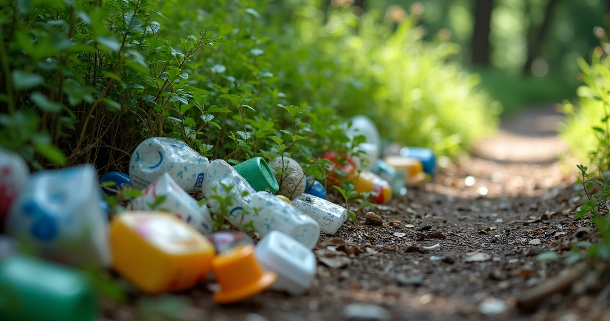 Resíduo plástico misturado a vegetação verde ao lado de uma trilha 