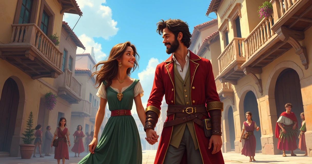 Lizel e Gil caminhando por uma cidade de fantasia vibrante